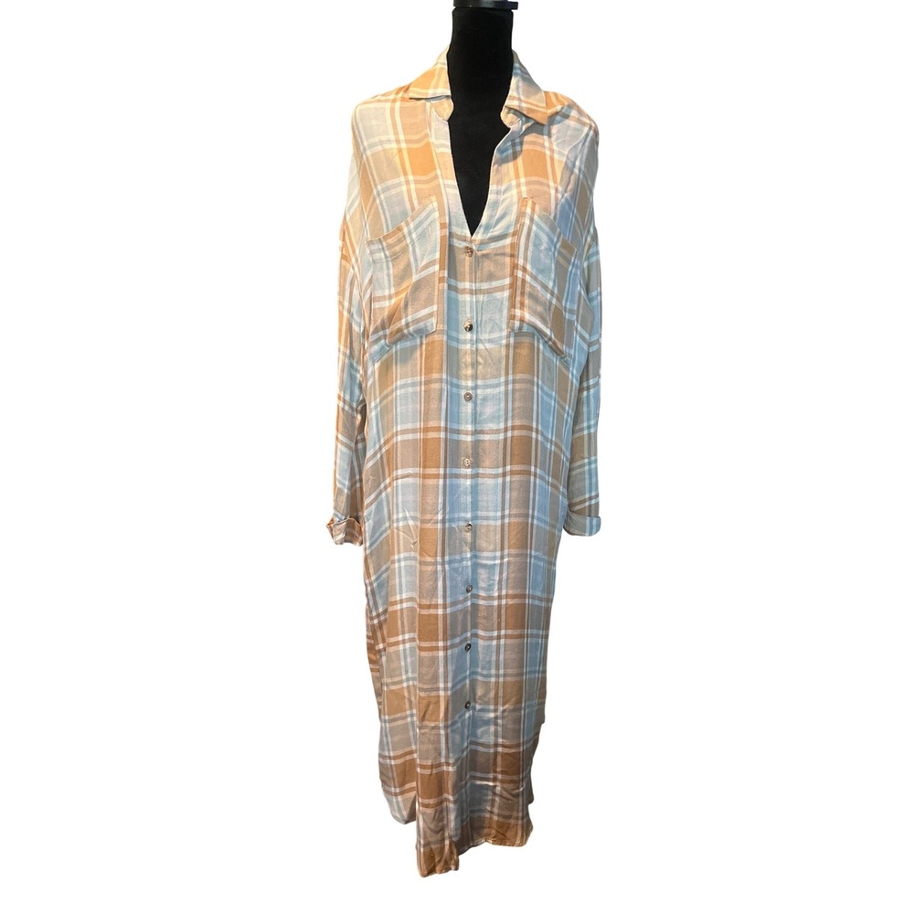 Show Me Your Mumu Womens XS Plaid Maxi Shirt Dress Blue Tan Button Down Duster - Picture 7 of 10
